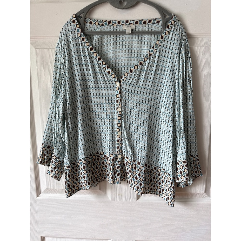 J. Jill Blouse Women L Petite Blue Geometric Button Down Vintage 90s Y2K Boxy